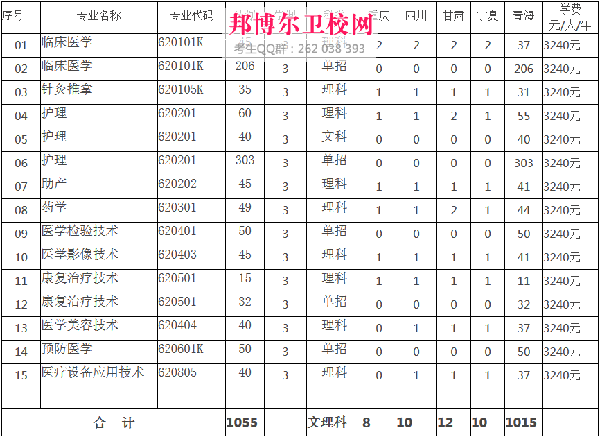 青海衛生職業技術學院收費標準